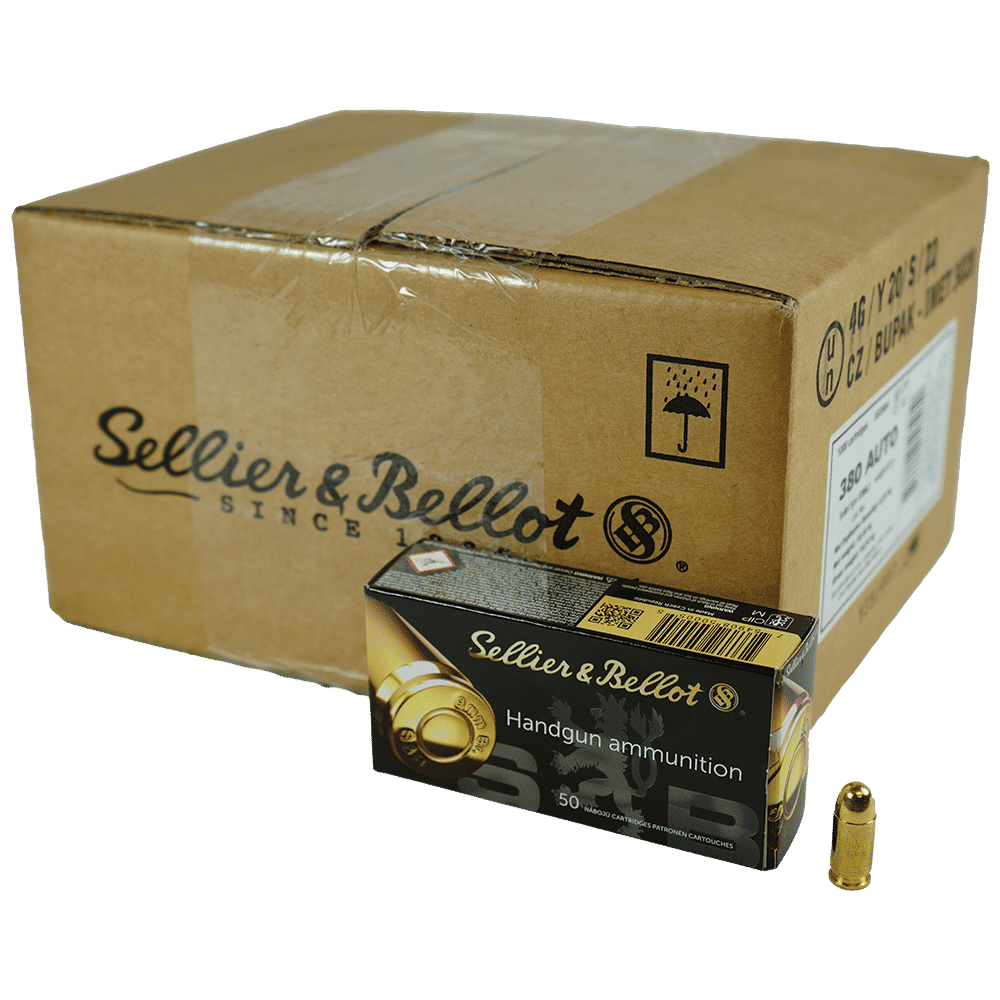 Sellier & Bellot Pistol & Revolver Ammo .380 ACP 92 gr FMJ 955fps 1000/ct Case (20-50/ct)