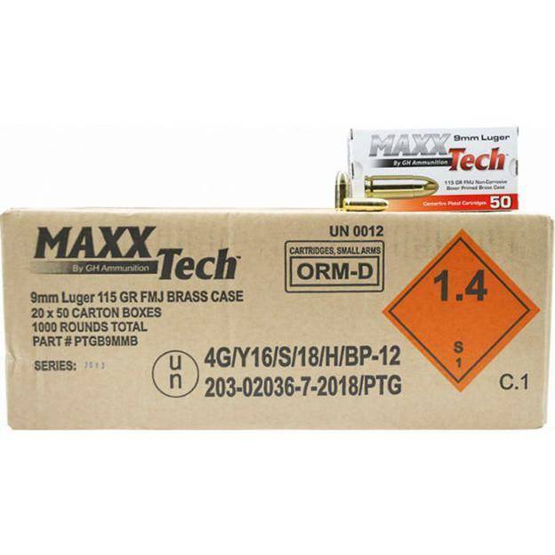 MaxxTech Handgun Ammunition 9mm Luger 115 gr FMJ 1150 fps 1000/ct (20-50/ct)