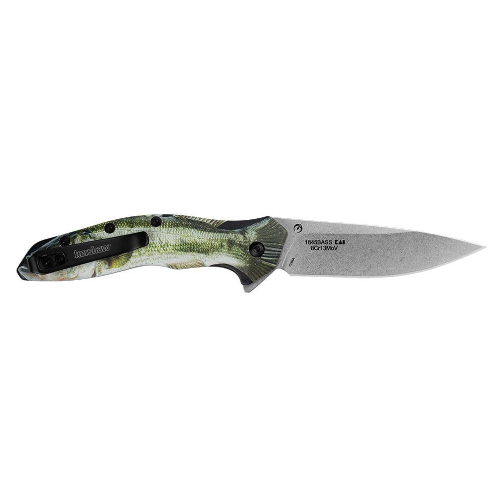 Kershaw Shoreline Bass Folding Knife 3" Drop Point Blade Green Bass - Image 2