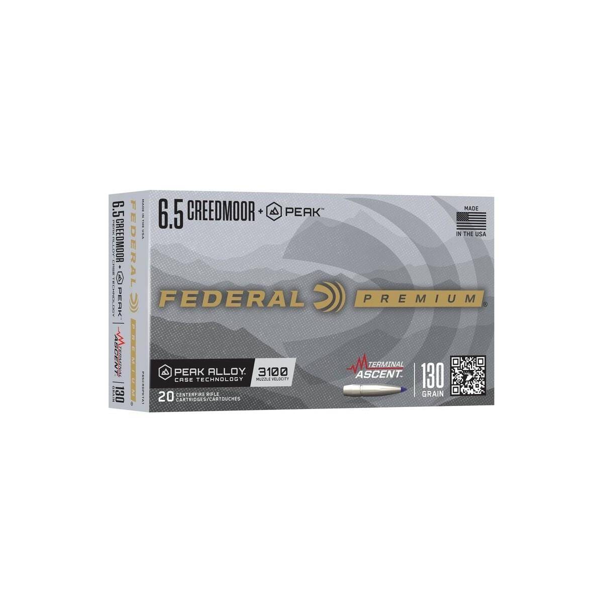Federal Terminal Ascent Rifle Ammunition 6.5 Creedmoor +Peak 130gr PT 3100 fps 20/ct