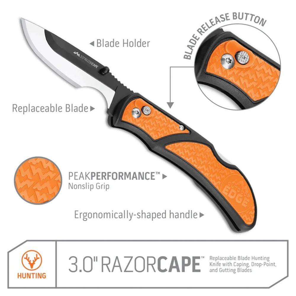 Outdoor Edge RazorCape Folding Knife 3" Drop Point Blades Orange - Image 2