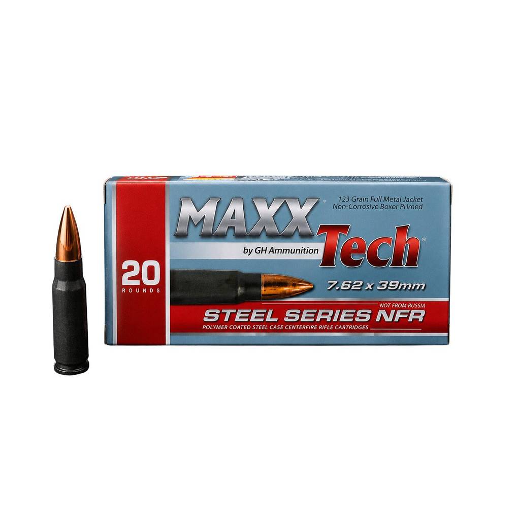 Maxxtech NFR Steel Case Rifle Ammunition 7.62x39mm 123gr FMJ 2330 fps 20/ct