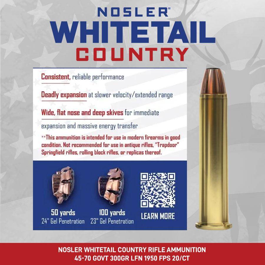 Nosler Whitetail Country Rifle Ammunition 45-70 Govt 300gr LFN 1950 fps 20/ct - Image 12