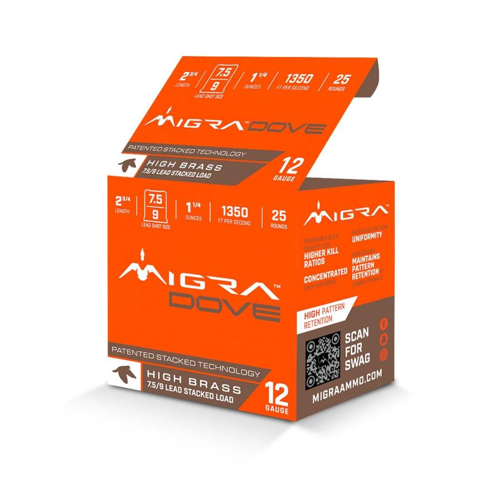 Migra Ultimate Dove Hi-Brass Lead Shotshells 12ga 2-3/4" 1-1/4oz 1350 fps 1350 fps #7.5 & 9 Shot 25/ct