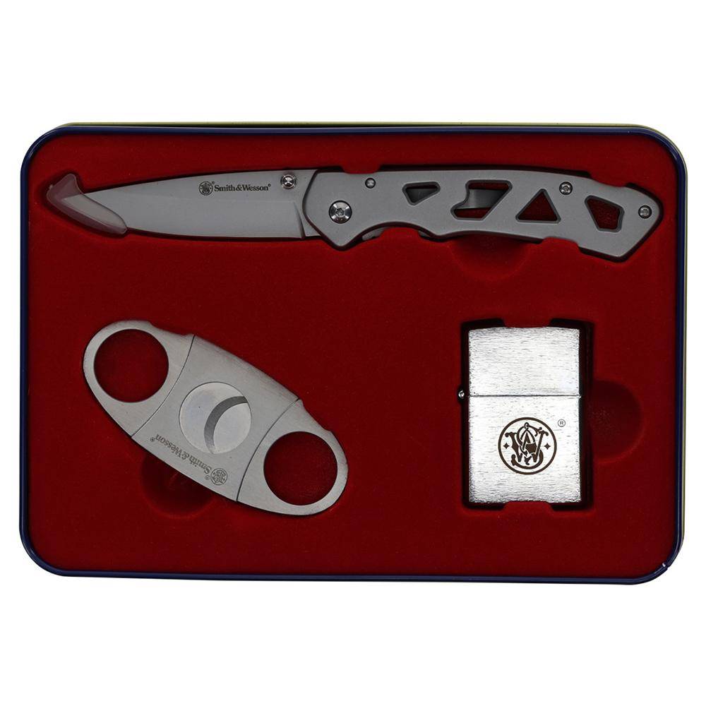 Smith & Wesson Folding Knife Cigar Cutter and Lighter Combo 3" Drop Point Blade Silver - Image 6