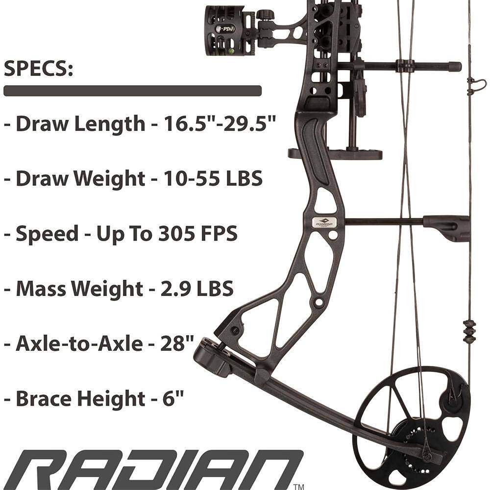 Diamond Archery Radian Compound Bow 305 fps 10-55 lbs RH Black with Package - Image 5