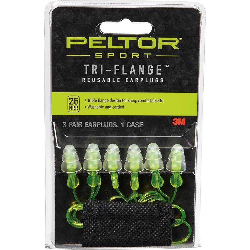 Peltor Sport Tri-Flange Corded Reusable Earplugs 26dB Neon Yellow 3/ct