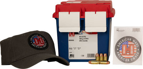 Hornady American Gunner Handgun Ammunition 45 Auto 185gr XTP 970 fps 250/ct Loose Ammo Can with Hat/Sticker - Image 2