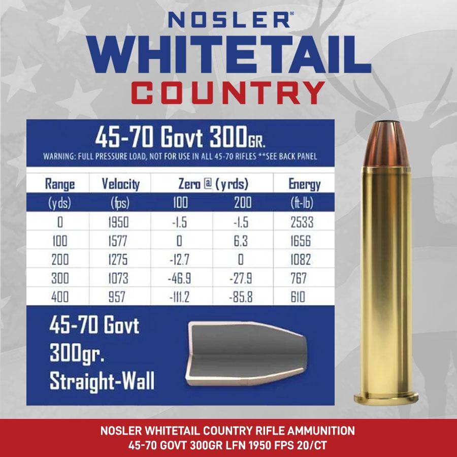 Nosler Whitetail Country Rifle Ammunition 45-70 Govt 300gr LFN 1950 fps 20/ct - Image 14