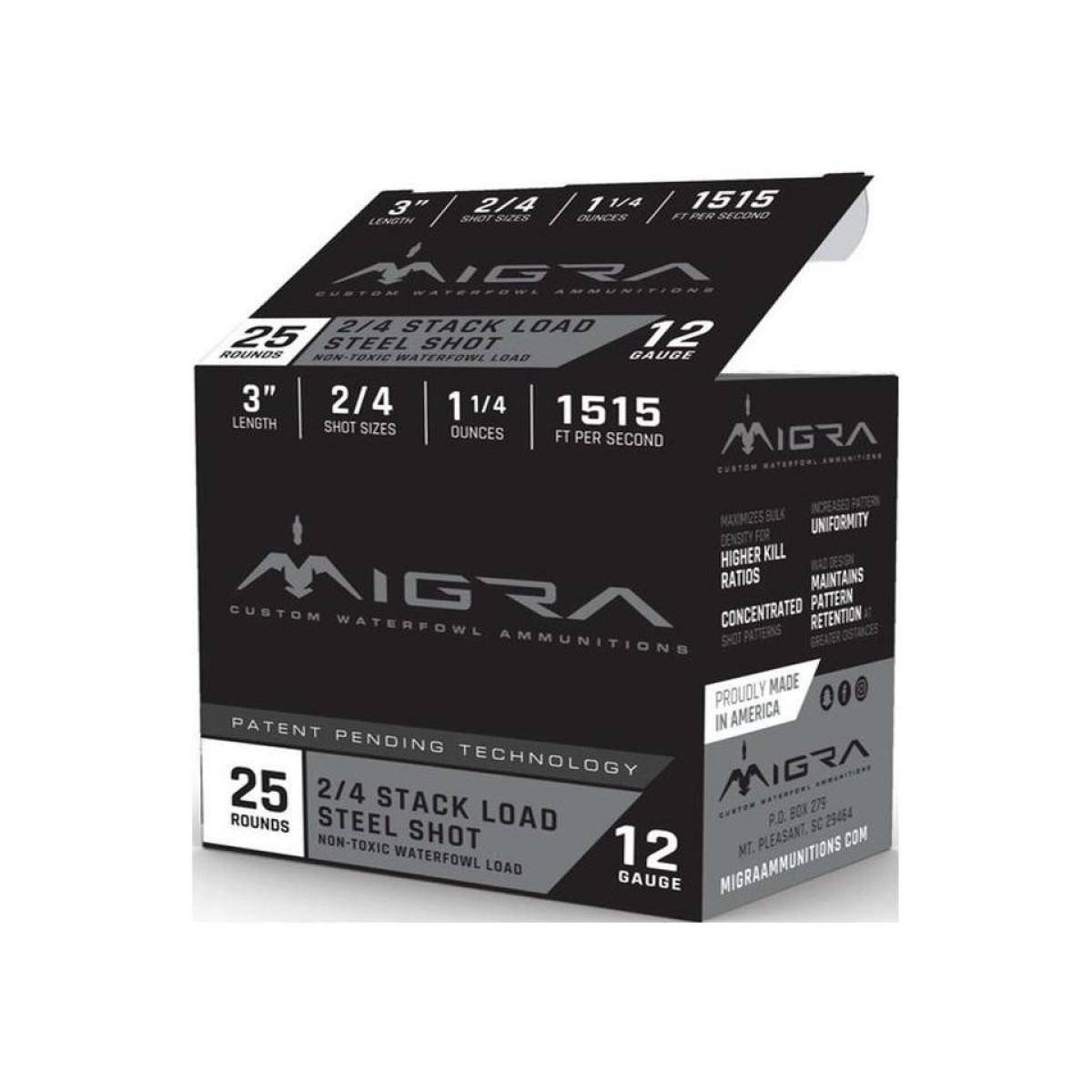 Migra Steel Waterfowl Stacked Shotshell 12ga 3" 1-1/4 oz 1515 fps #2 & #4 25/ct