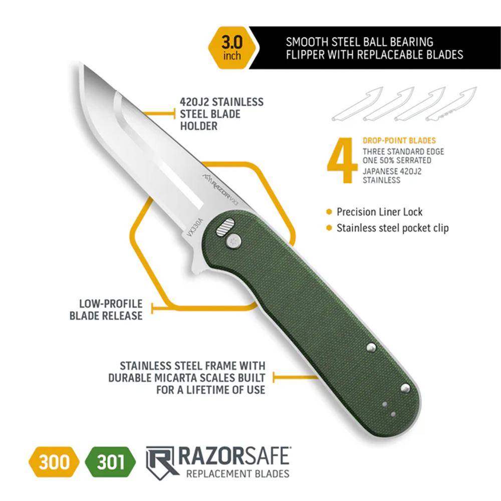 Outdoor Edge Razor VX3 Replaceable Blade Folding Knife 3" Drop Point Blade Green - Image 3