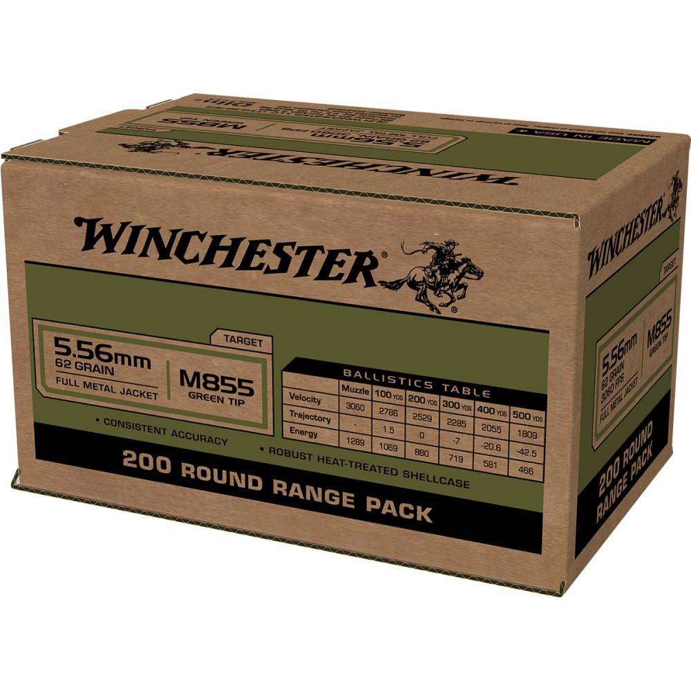 Winchester USA Lake City M855 Green Tip Rifle Ammunition 5.56X45 NATO 62 gr. FMJ 3060 fps 800/ct (4-200/ct)