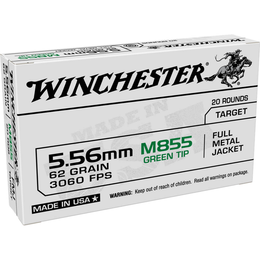 Winchester USA Lake City M855 Green Tip Rifle Ammunition 5.56X45 NATO 62 gr. FMJ 3060 fps1000/ct Case (50-20/ct)