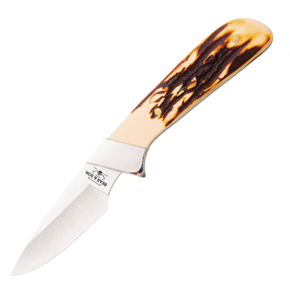 Bear & Son Stag Delrin Invincible Skinner Knife 2-3/4" Drop Point Blade Stag