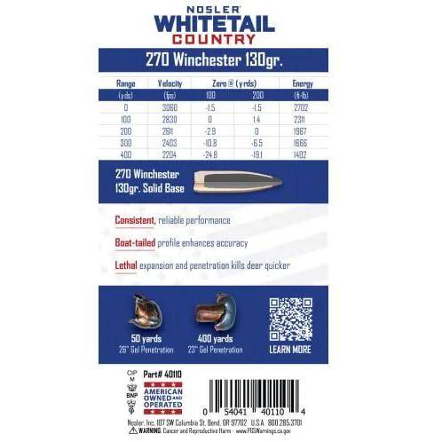 Nosler Whitetail Country Rifle Ammunition .270 Win 130gr SP 3060 fps 20/ct - Image 3
