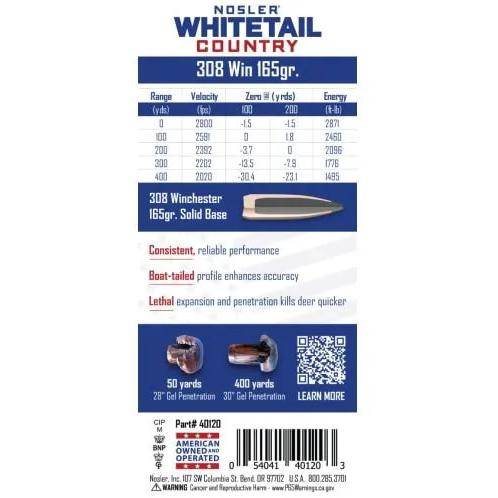 Nosler Whitetail Country Rifle Ammunition .308 Win 165gr SP 2800 fps 20/ct - Image 3