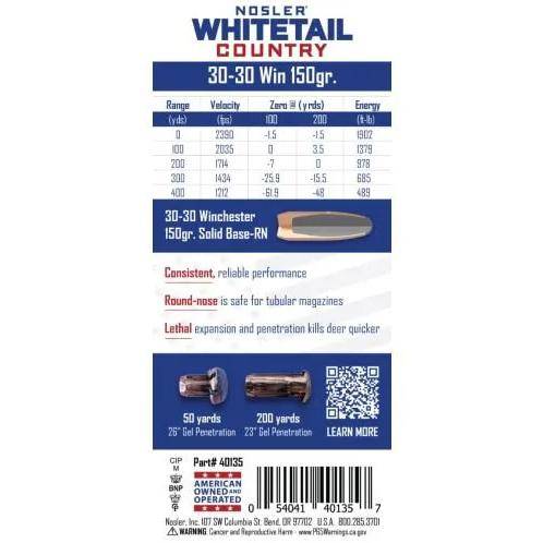 Nosler Whitetail Country Rifle Ammunition 30-30 Win 150gr SP 2390 fps 20/ct - Image 3