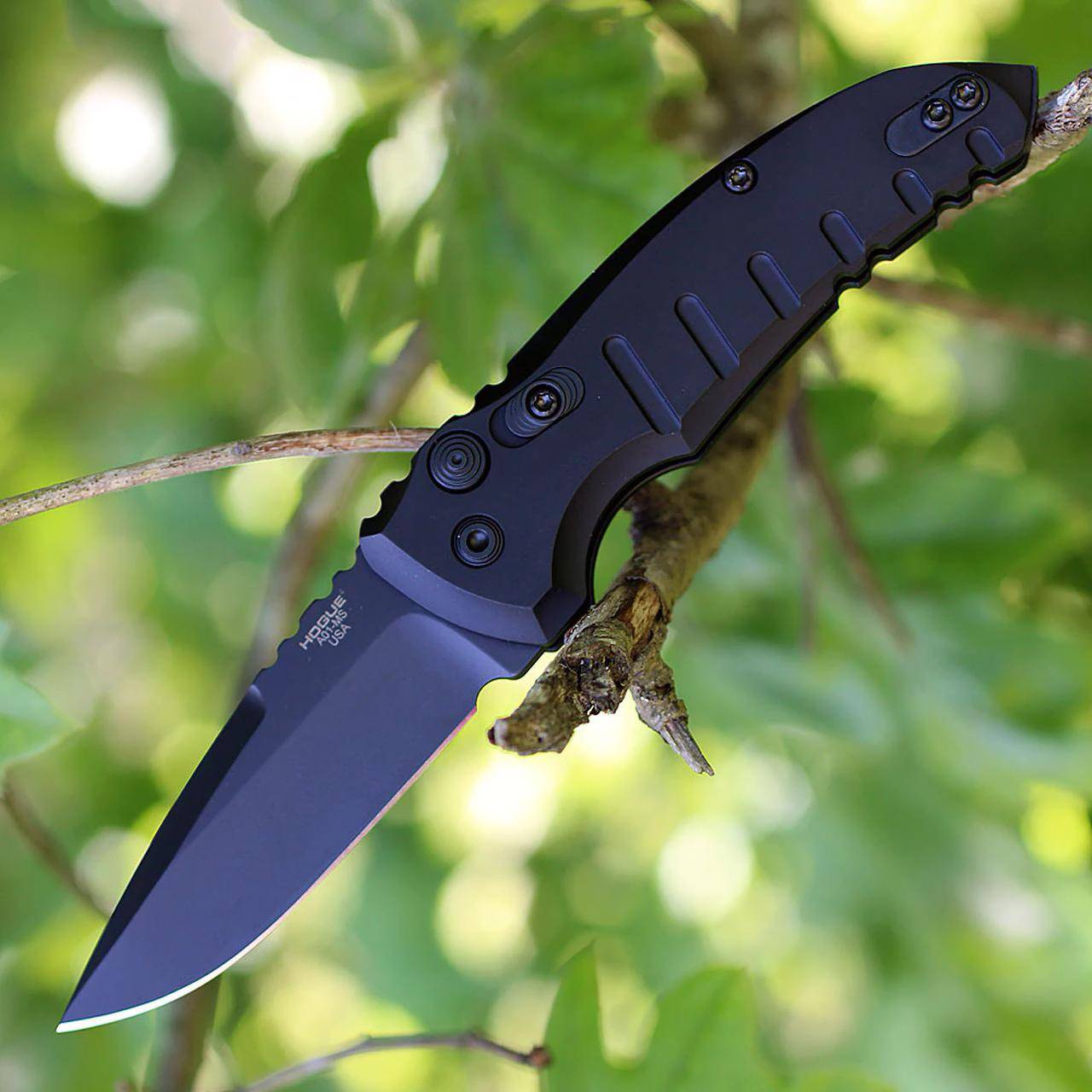 Hogue A01-Microswitch 2.75" Folder Automatic Knife Drop Point Blade Black/Matte Black