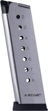 Mec-Gar 1911 Govt Handgun Magazine with Plastic Removable Buttplate & Follower .45 ACP HT Stainless Steel 8/rds High Cap