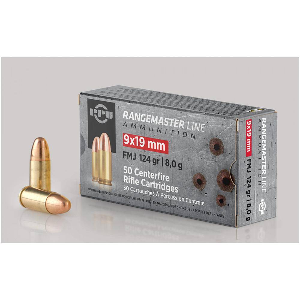 PPU Rangemaster Ammunition 9mm Luger 124gr FMJ 1263 fps 1000/ct (Metal Can)