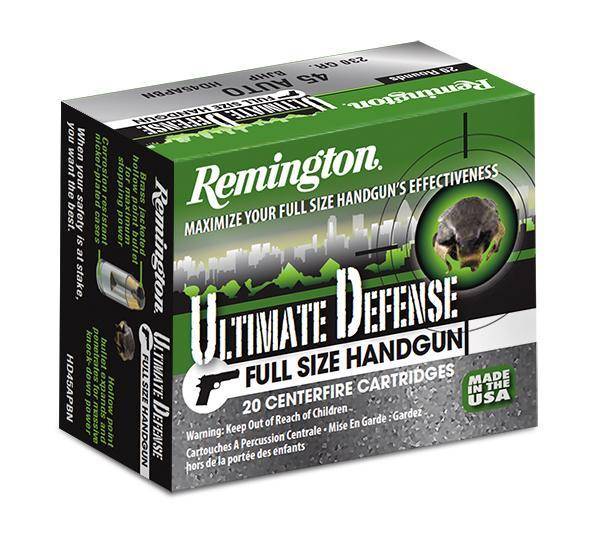 Remington Ultimate Defense Full Sized Handgun Ammunition .45 ACP 185 gr. BJHP 1015 fps 20/ct
