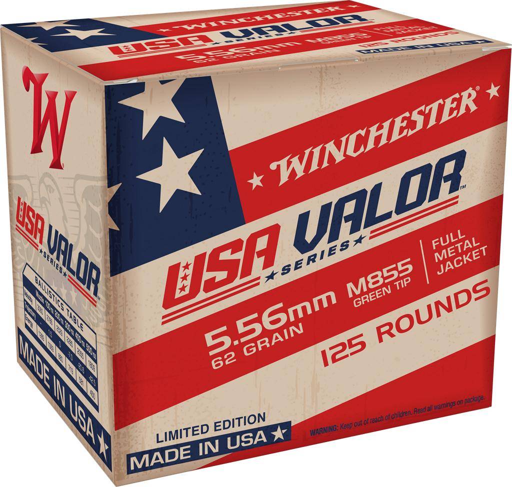 Winchester USA Valor M855 Green Tip Rifle Ammunition 5.56X45 NATO 62 gr. FMJ 3060 fps 125/ct