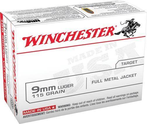 Winchester Target Handgun Ammunition 9mm Luger 115 gr. FMJ 1190 fps 100/ct