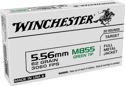 Winchester USA Lake City M855 Green Tip Rifle Ammunition 5.56X45 NATO 62 gr. FMJ 3060 fps 20/ct