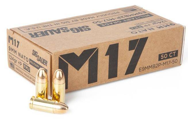 Sig Sauer Elite Ball M17 Handgun Ammunition 9mm Luger 124 gr+P FMJ 1198 fps 50/ct