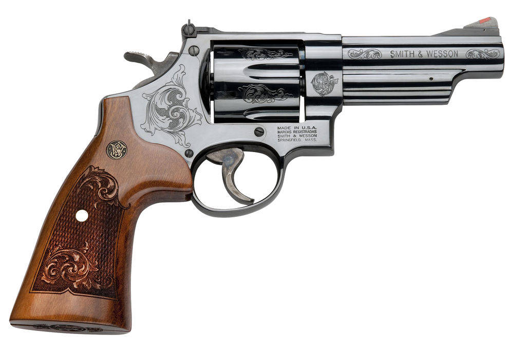 Smith & Wesson N Frame Model 29 Handgun .44 Mag 6rd Capacity 4" Engraved Barrel Black with Wood Grips