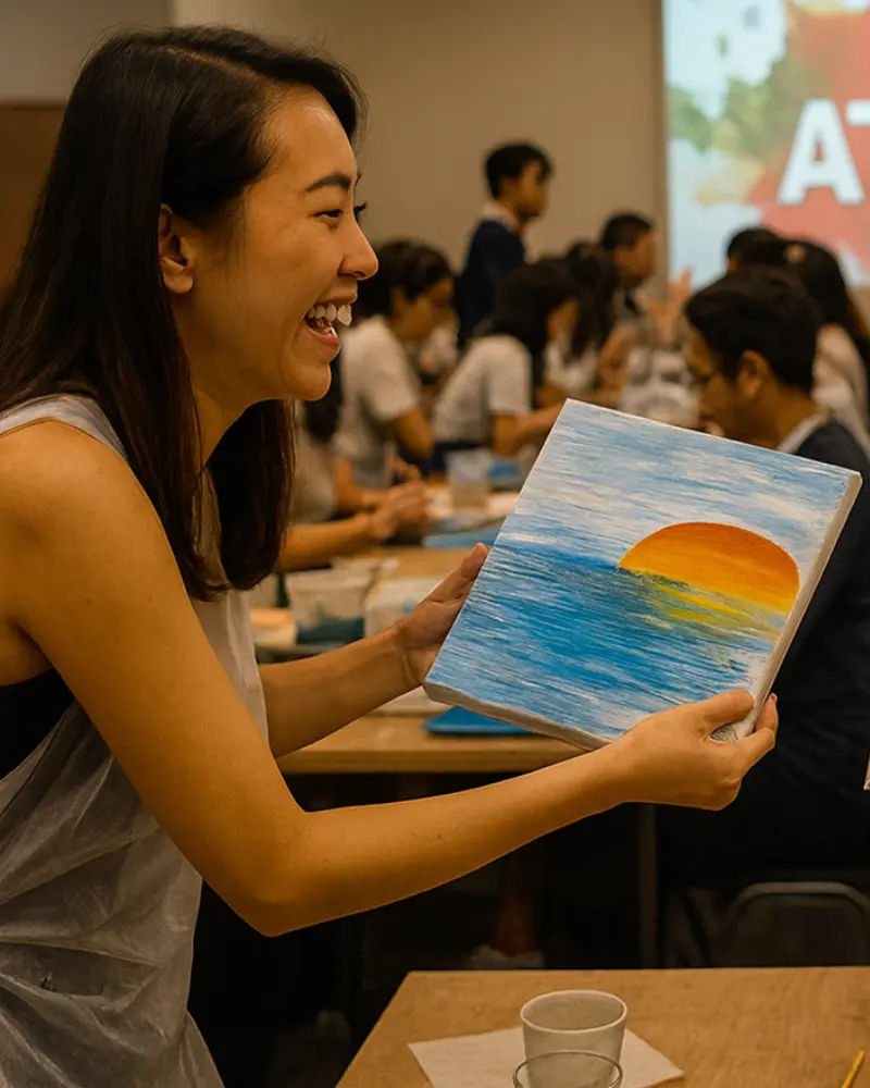 A group seated around a table mid-session, canvases and paint palettes in front of them