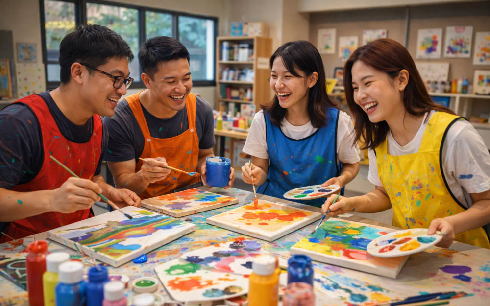 A group seated around a table mid-session, canvases and paint palettes in front of them
