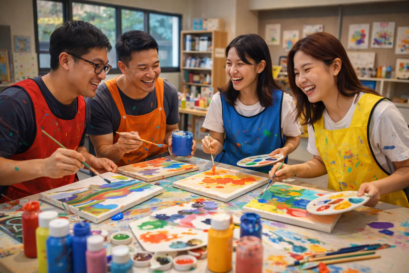 Teams competing in a timed collaborative painting challenge
