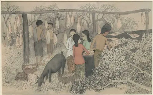 Drying Salted Fish, Cheong Soo Pieng - Famous Paintings Singapore (Credit: Google Arts & Culture)