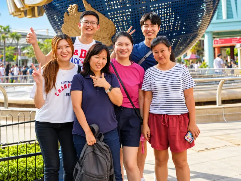 A group of six friends pose together at Sentosa