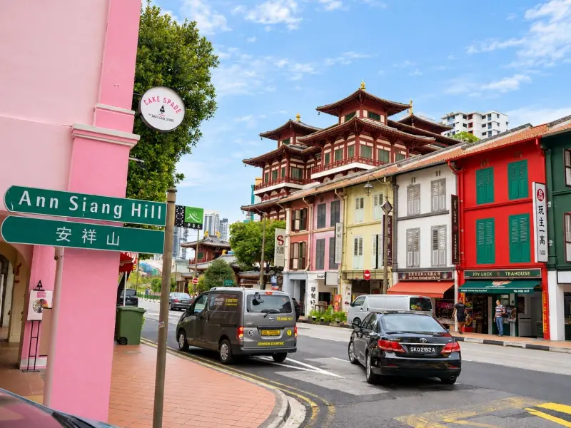 The Ann Siang Hill street sign, with the Buddha Tooth Relic Temple behind