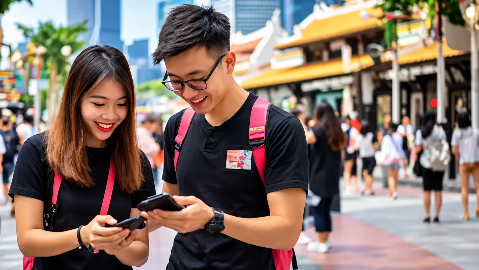 Two teammates smile as they read the next mission on their phones in Chinatown