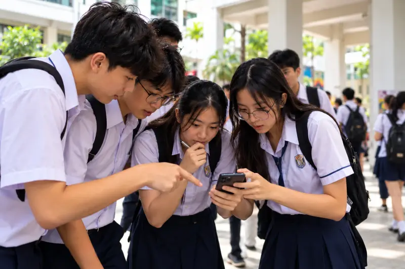 Students in uniform crowd round a phone to work out a clue