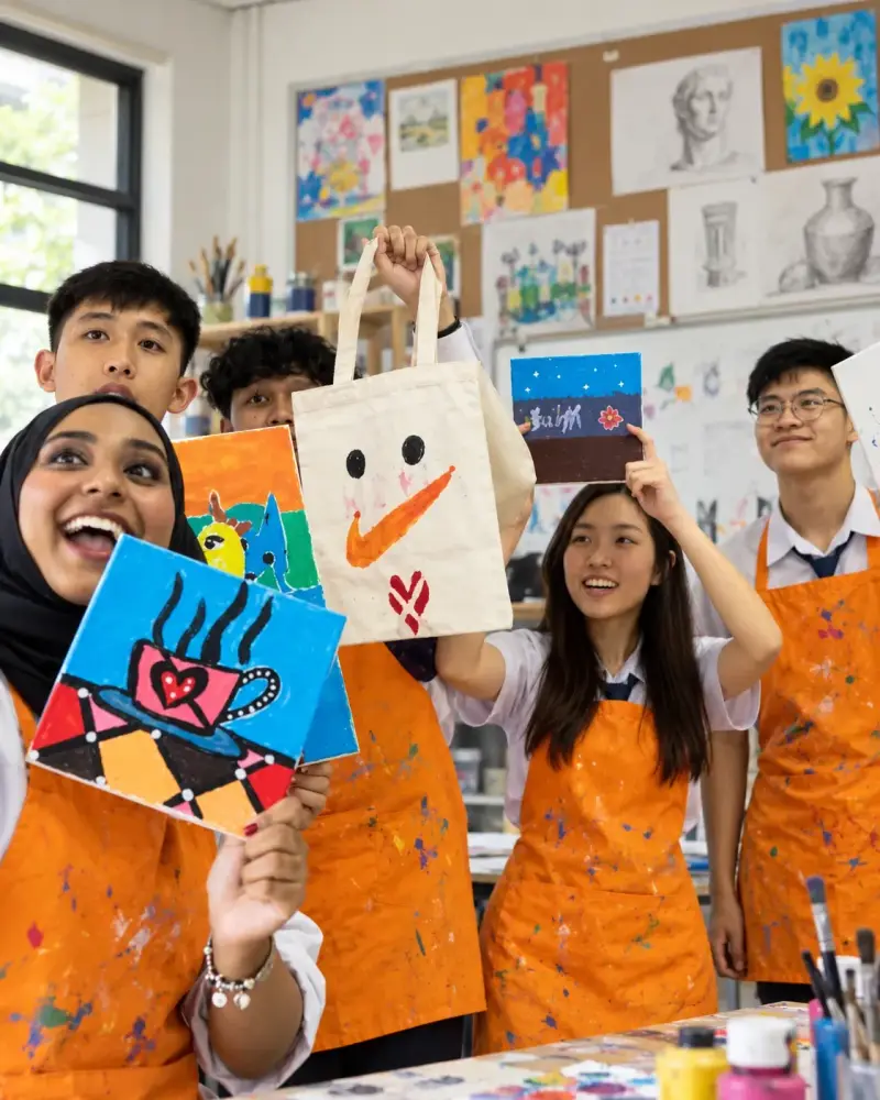 Students in aprons hold up the canvases and tote bag they painted