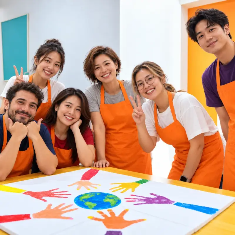 Five colleagues in orange aprons smile around a painting of hands reaching for a globe