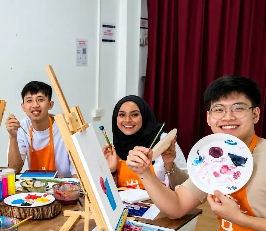 Three friends in aprons smile at their art jamming table, brushes and palette in hand