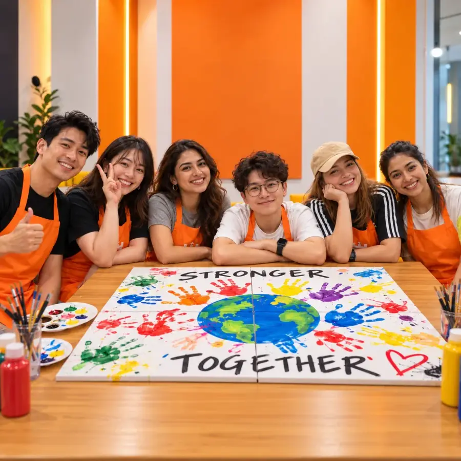 Six colleagues in orange aprons smile behind the Stronger Together painting they made on four joined canvases