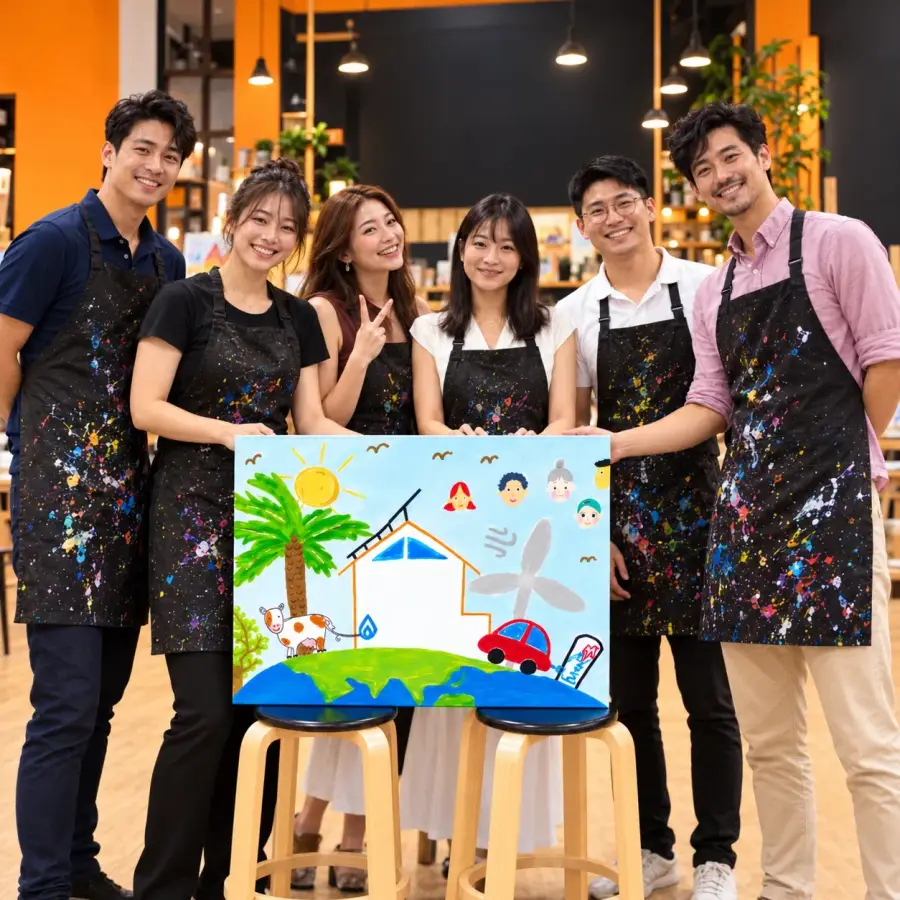 Six colleagues in paint-splashed aprons hold up the one big canvas they painted together