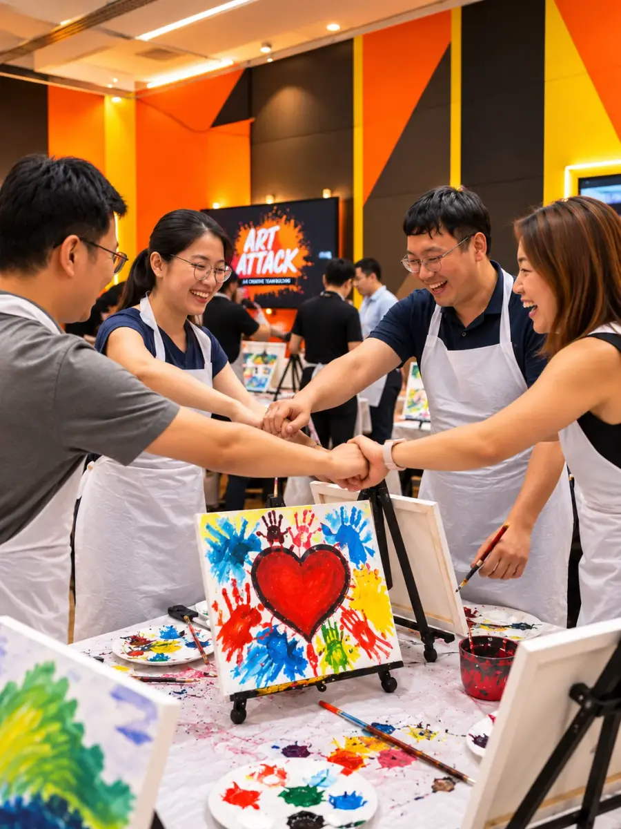 Four colleagues bump fists over the canvas they painted at an Art Attack session