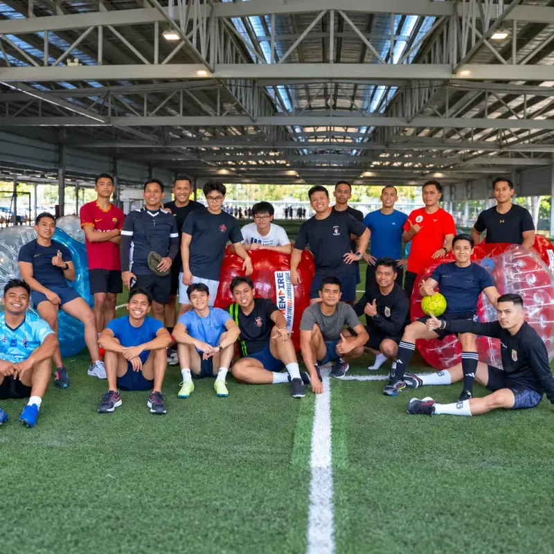 The full group together after their Bubble Soccer session