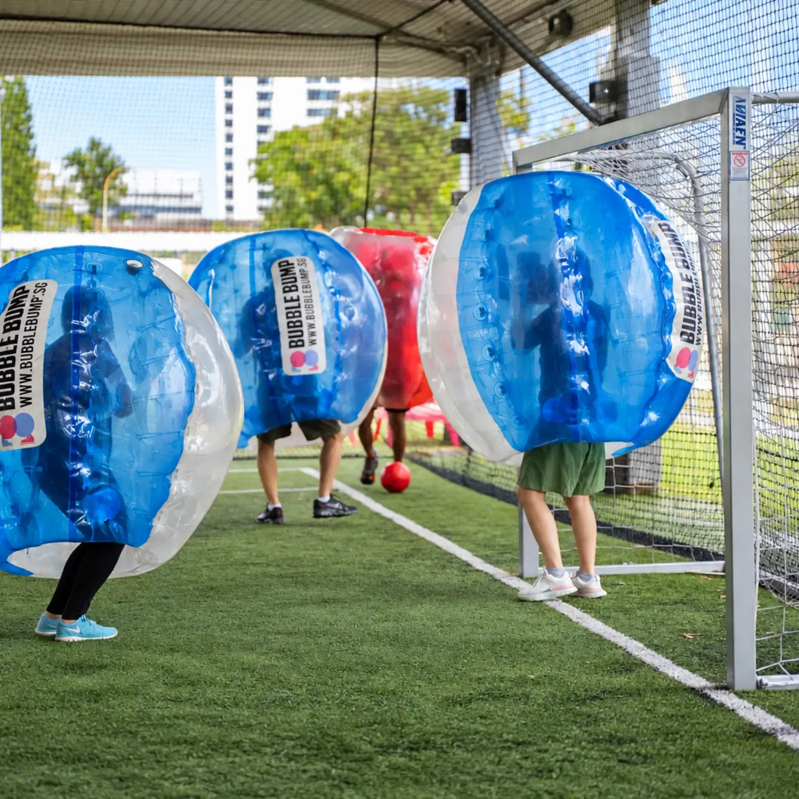 Bubble Soccer set up on an outdoor pitch away from our venues
