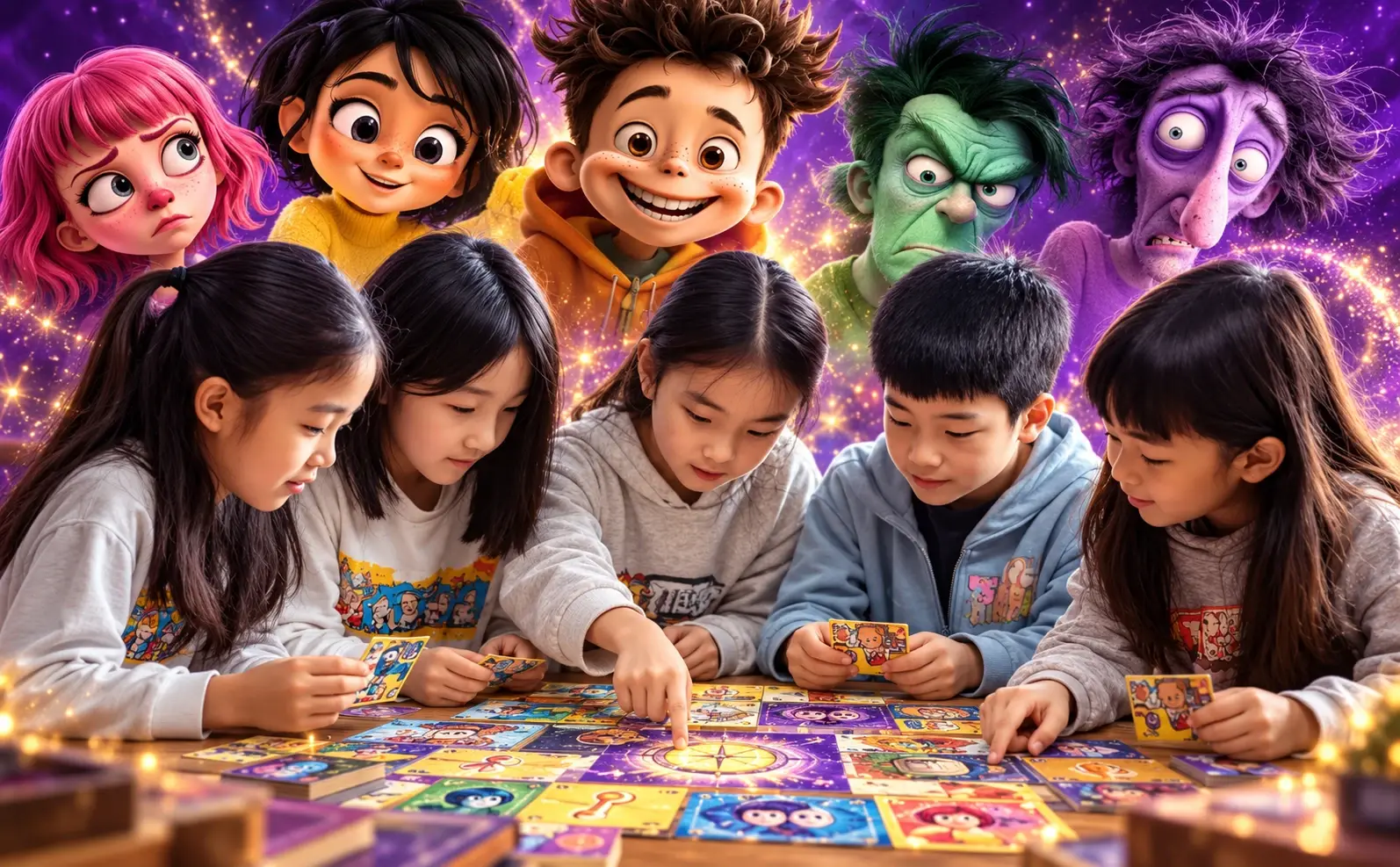 An illustration of five children playing a card game, with the Emotion Expedition characters behind them