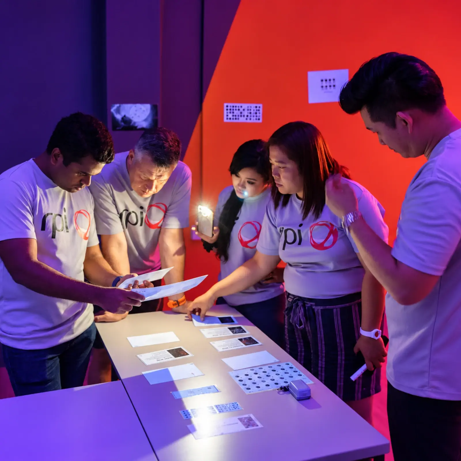 A team in matching shirts studies a clue by torchlight beside a table of puzzle sheets