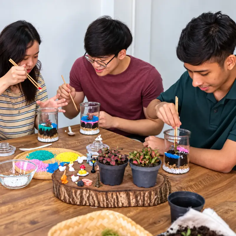 Three friends build their own terrariums, with coloured sand, plants and figurines laid out