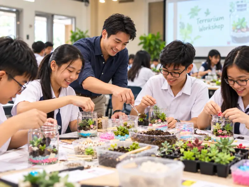 Secondary school students build terrariums as a facilitator helps one of them